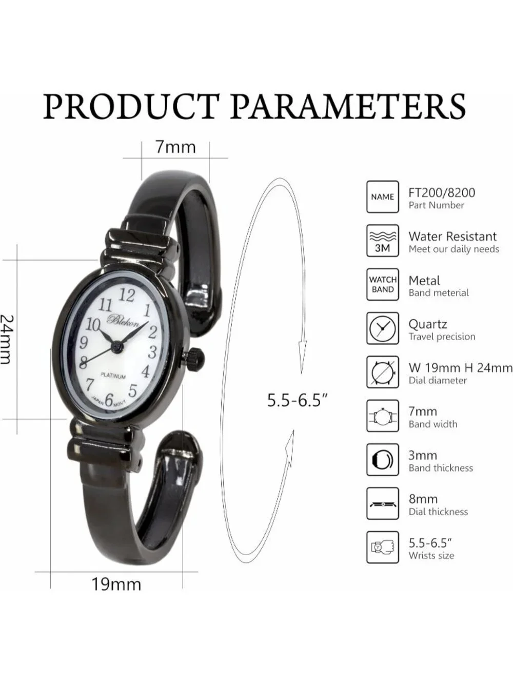 Women's Black Analog Quartz Elegant Pearl Dial Sophisticated Cuff Bracelet Watch